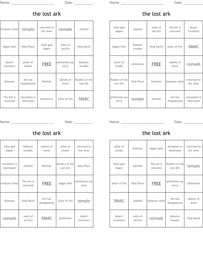 the lost ark Bingo Cards