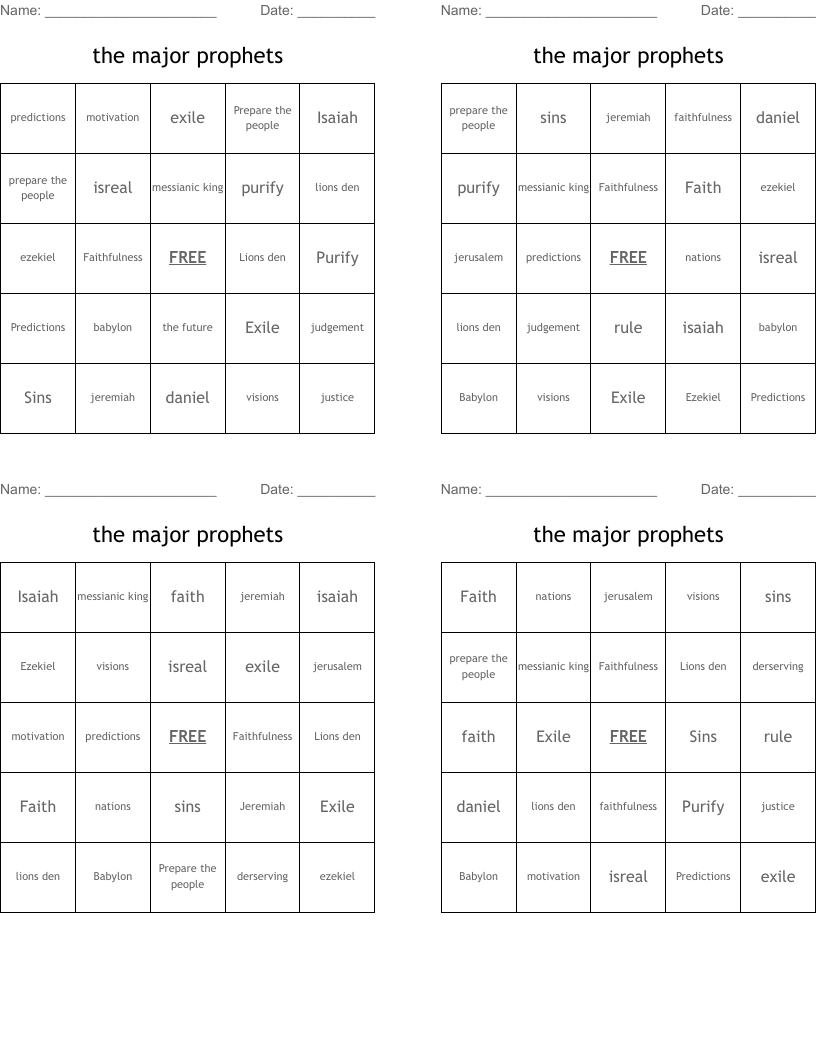 the major prophets Bingo Cards