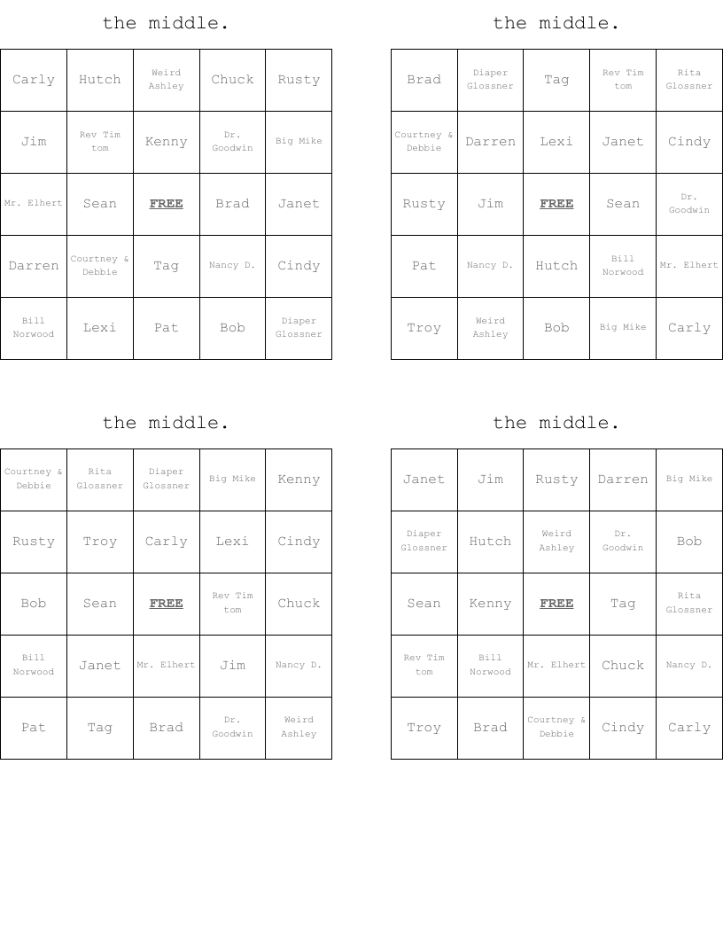 the middle. Bingo Cards
