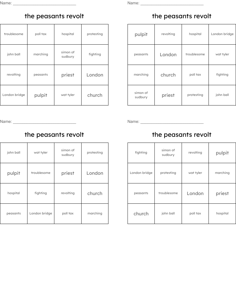 the peasants revolt Bingo Cards