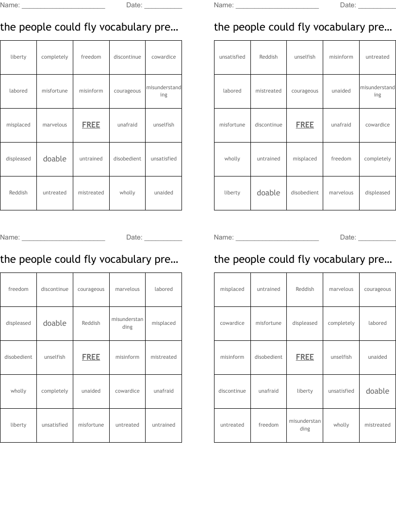 the people could fly vocabulary prefix and suffix Bingo Cards