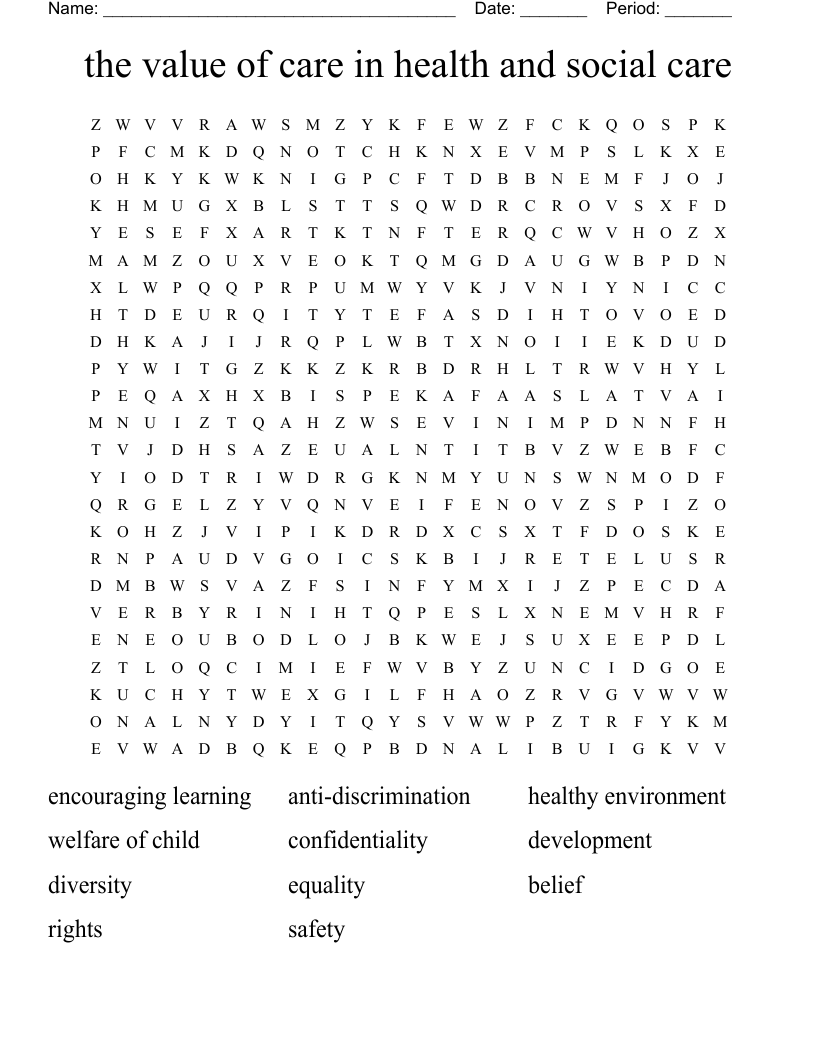 the value of care in health and social care Word Search