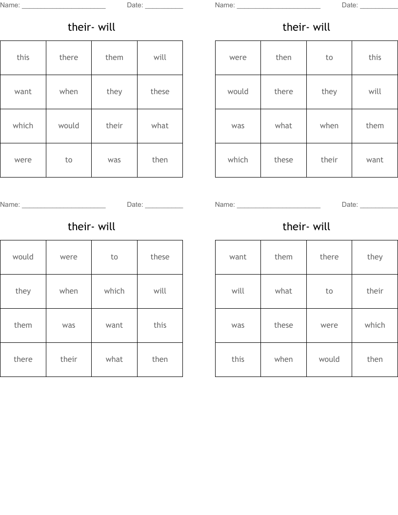 their- will Bingo Cards