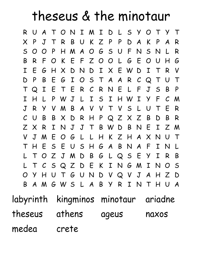 theseus & the minotaur Word Search