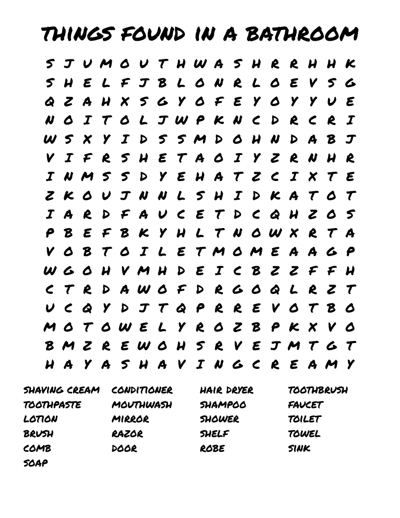things found in a bathroom Word Search