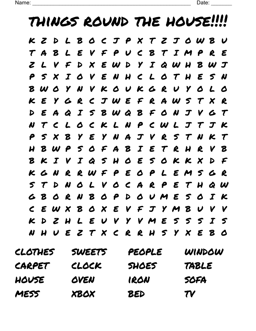 things round the house!!!! Word Search
