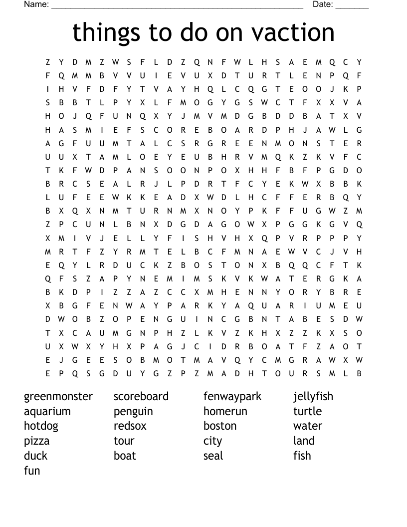things to do on vaction  Word Search