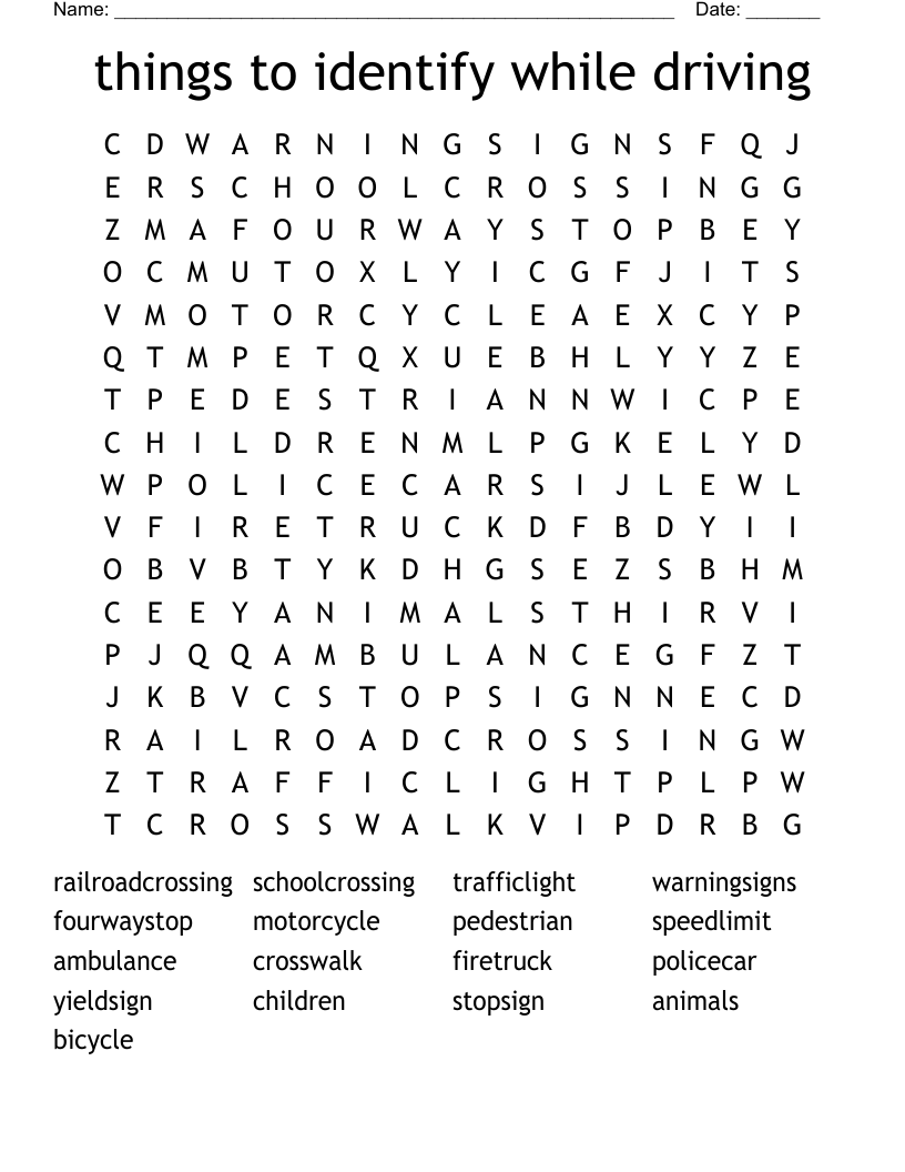 things to identify while driving Word Search