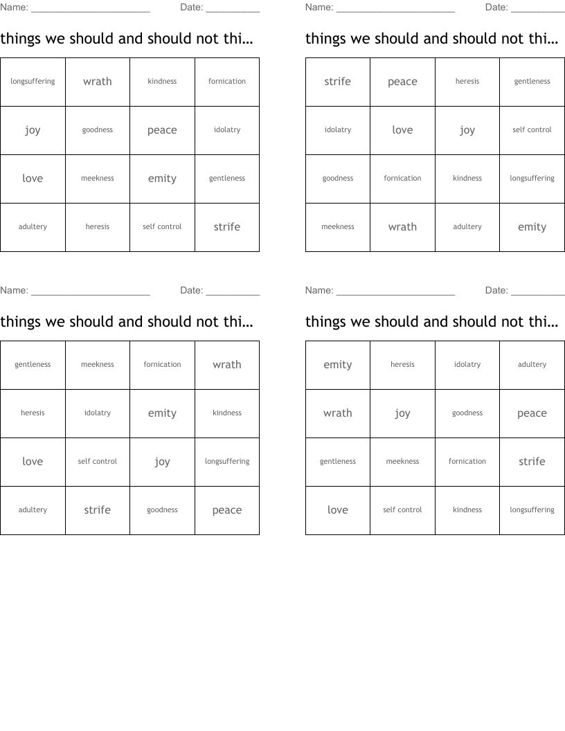 things we should and should not think on Bingo Cards
