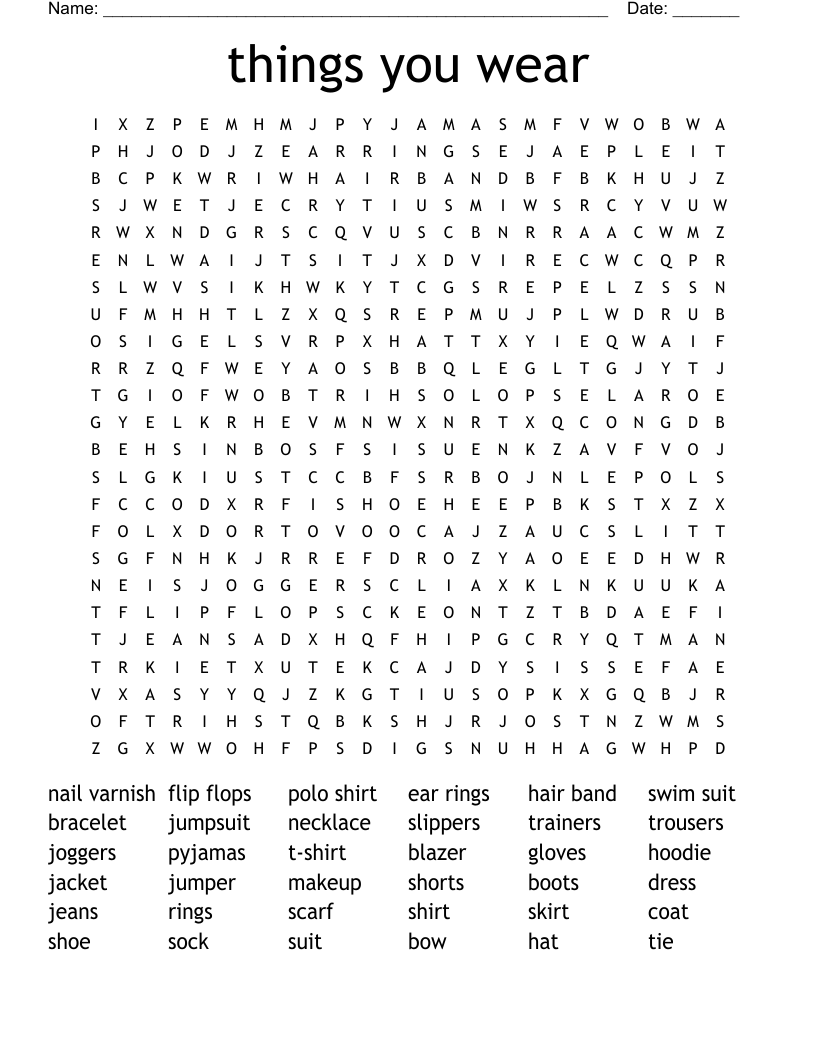 things you wear  Word Search