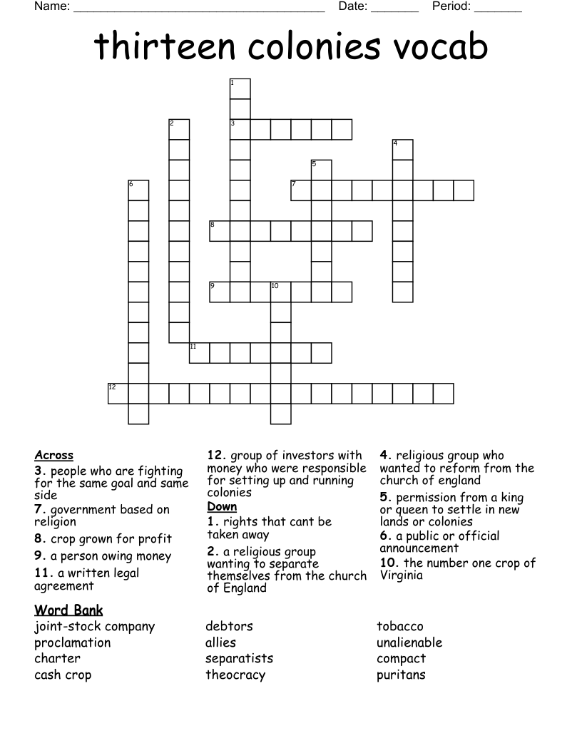 thirteen colonies vocab  Crossword