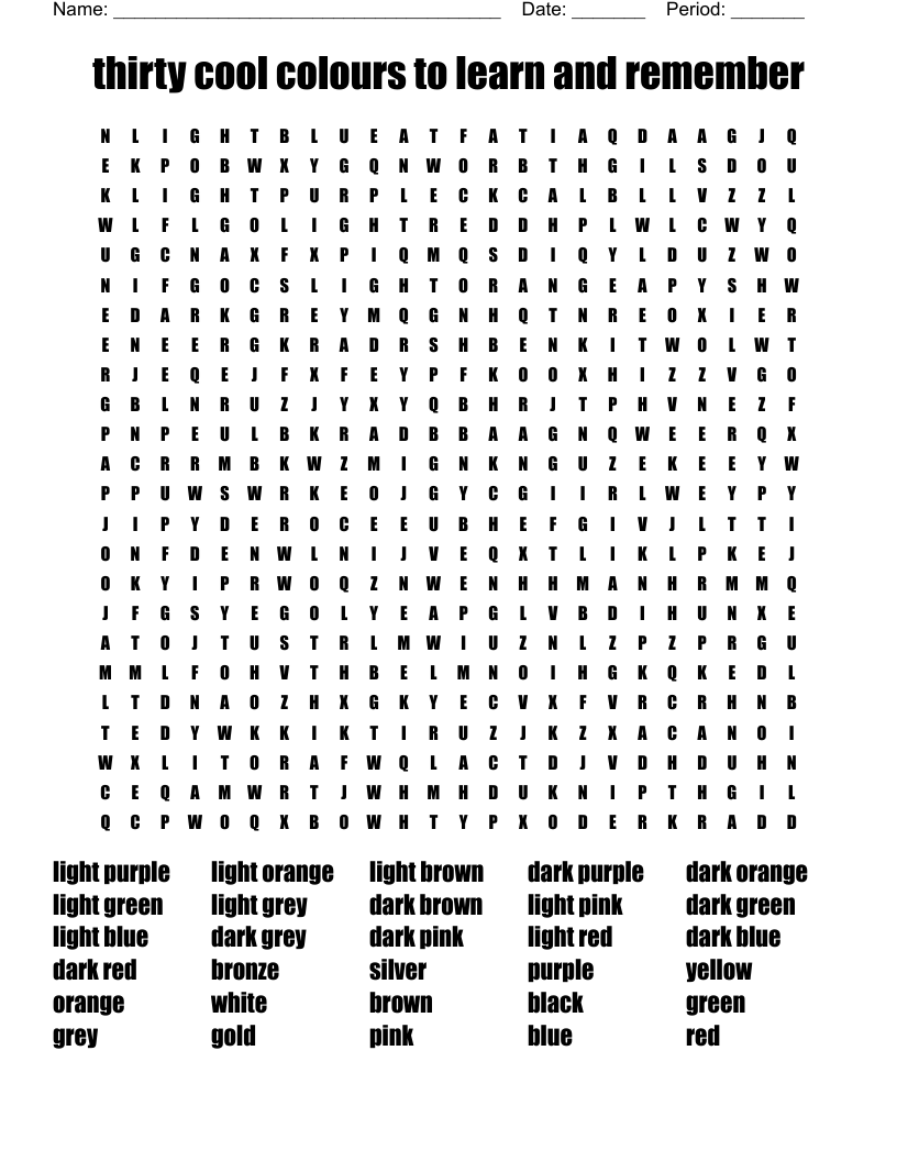 thirty cool colours to learn and remember Word Search