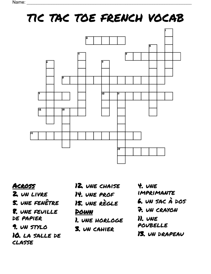tic tac toe french vocab  Crossword