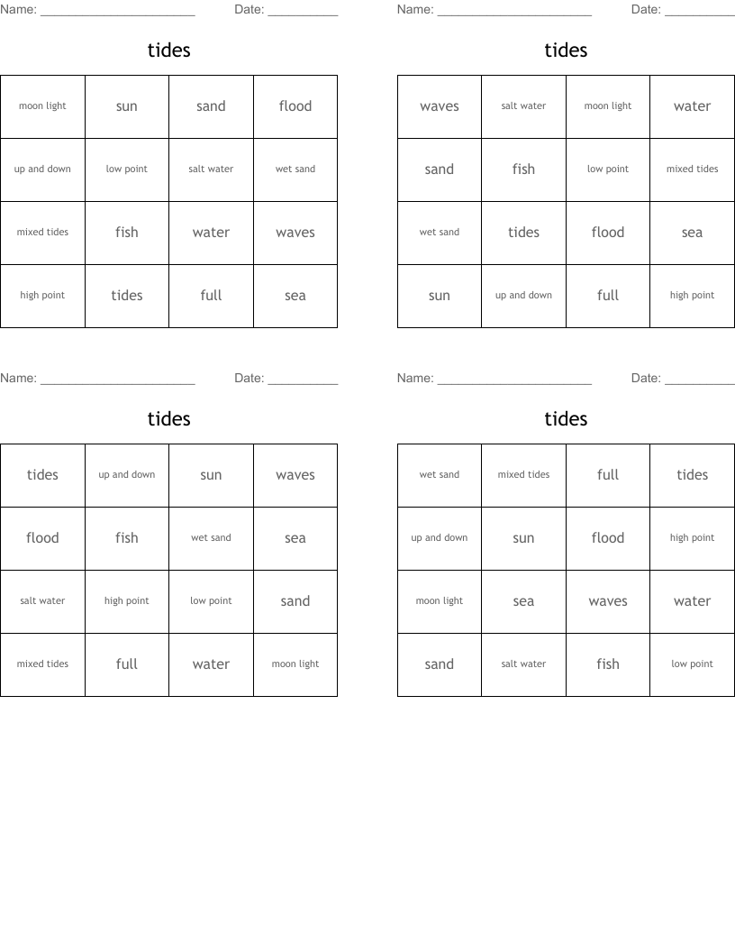 tides Bingo Cards