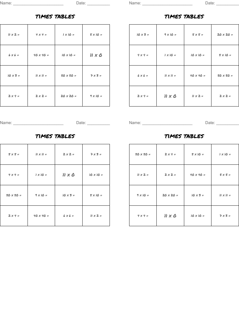 times tables Bingo Cards