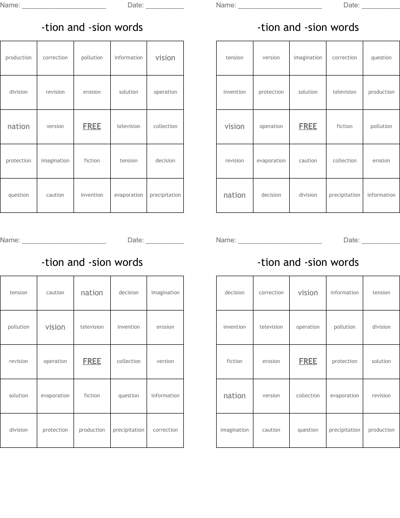 -tion and -sion words Bingo Cards
