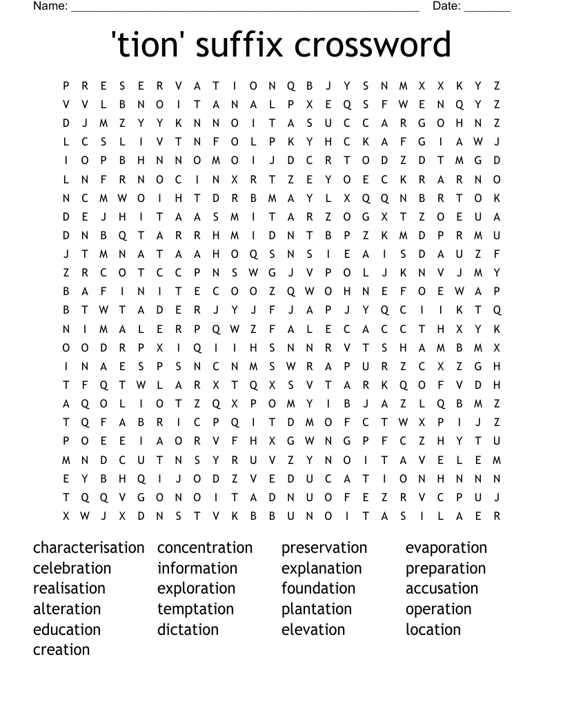 'tion' suffix crossword Word Search