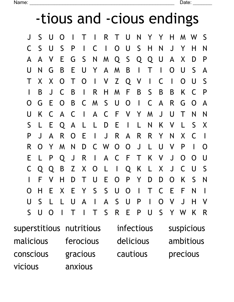 -tious and -cious endings Word Search