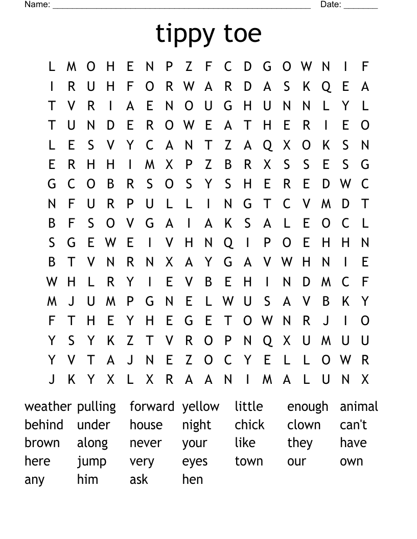 tippy toe Word Search
