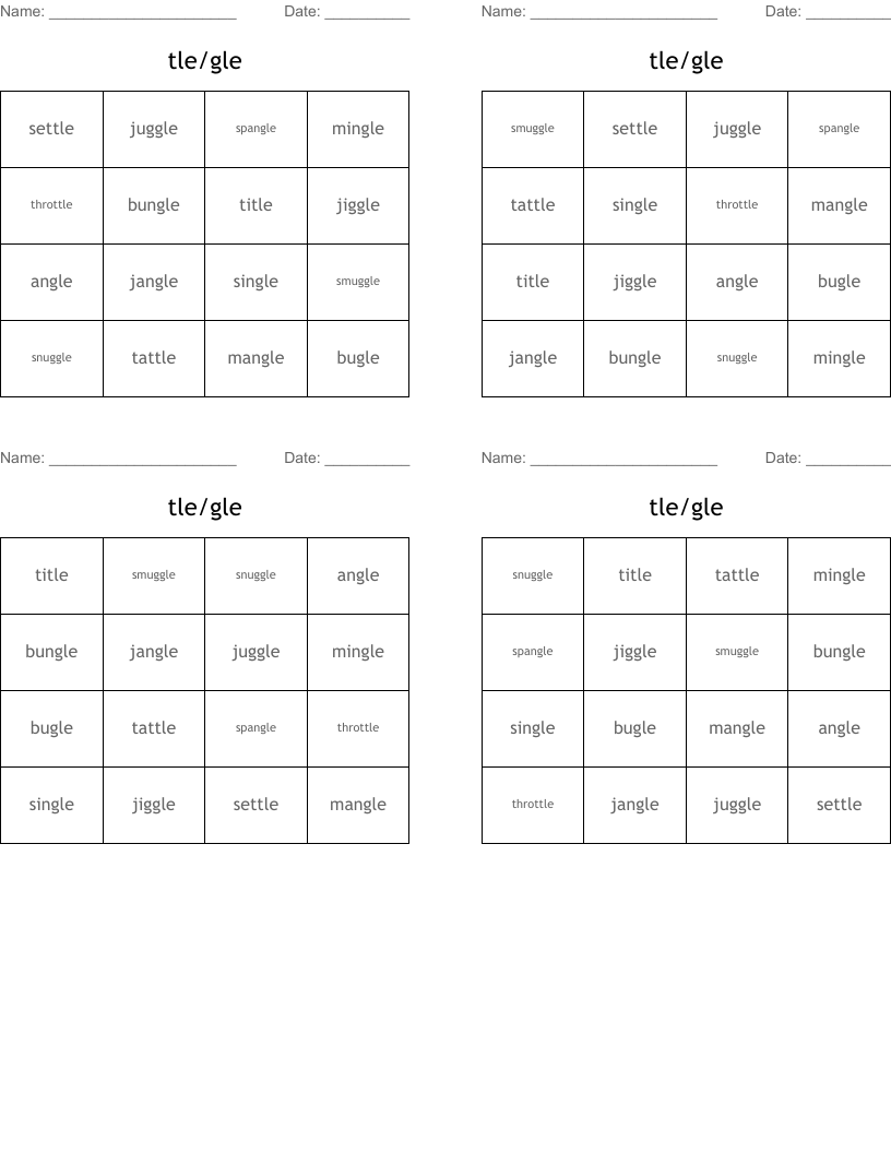 tle/gle Bingo Cards