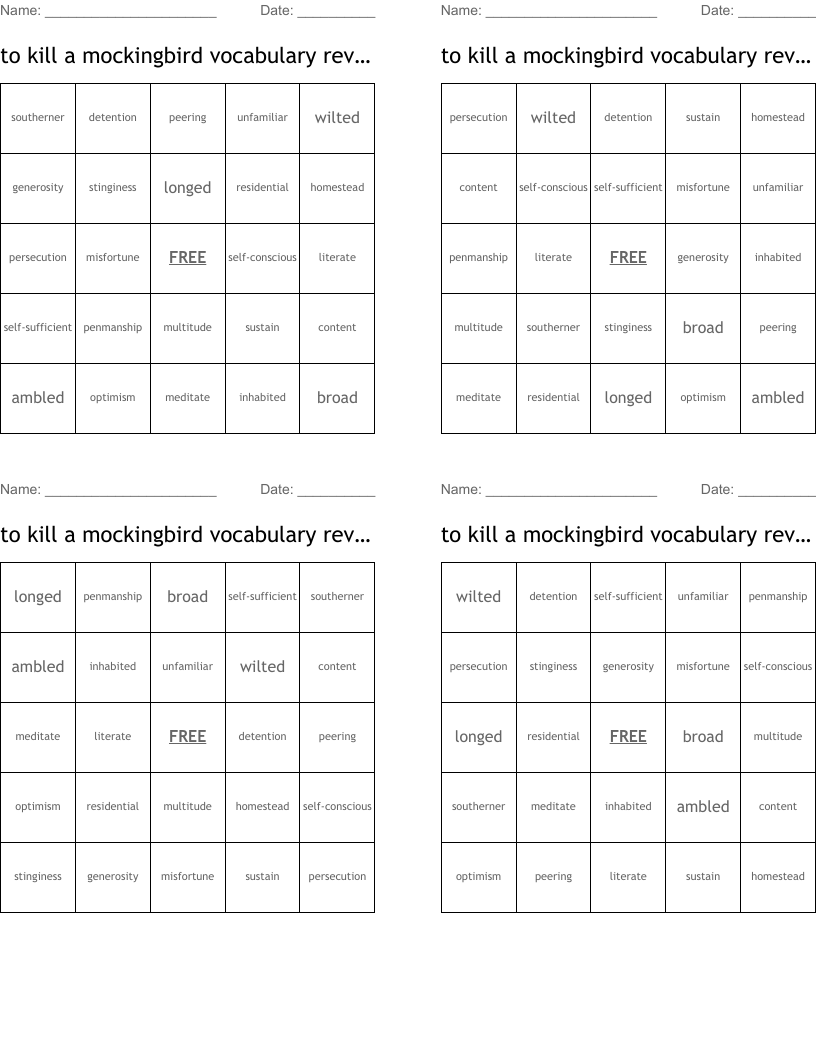 to  kill a mockingbird vocabulary review Bingo Cards