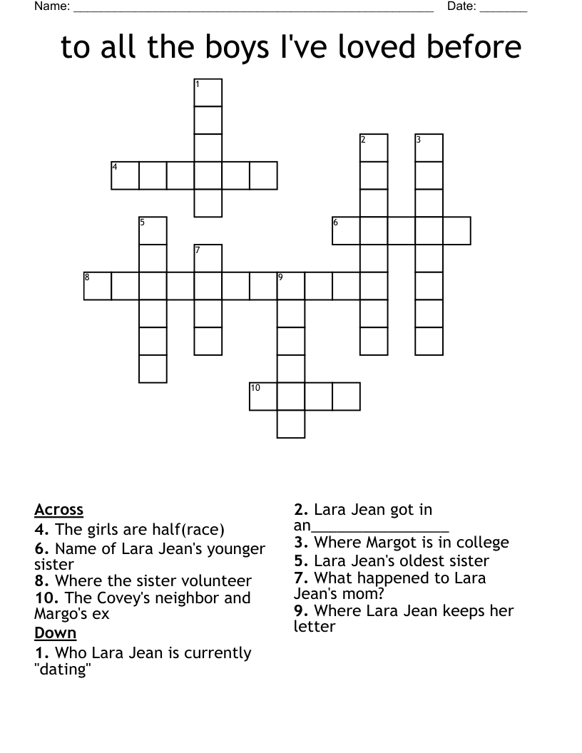 to all the boys I've loved before Crossword