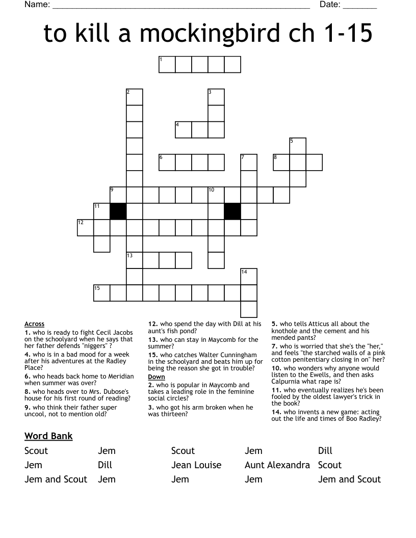to kill a mockingbird ch 1-15 Crossword