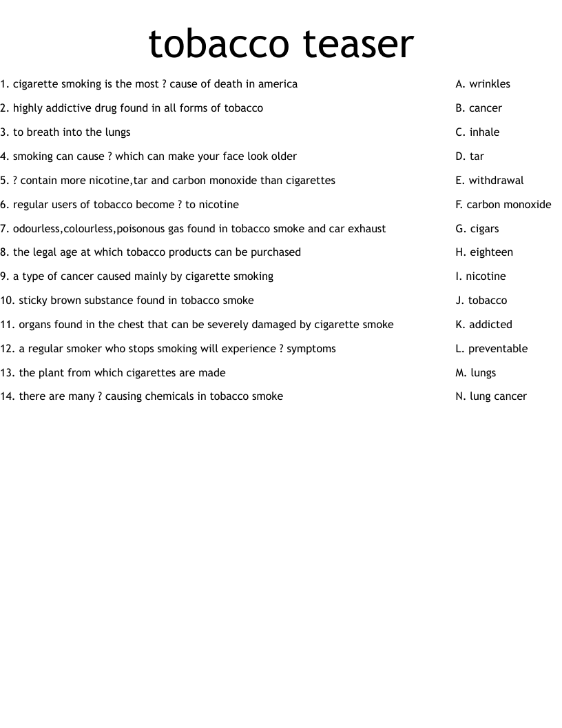 tobacco teaser Worksheet