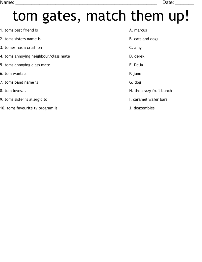 tom gates, match them up! Worksheet