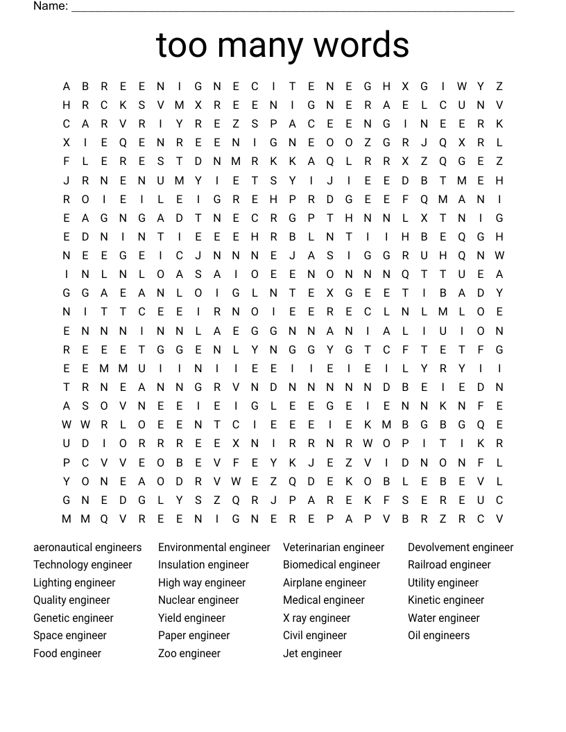 too many words Word Search