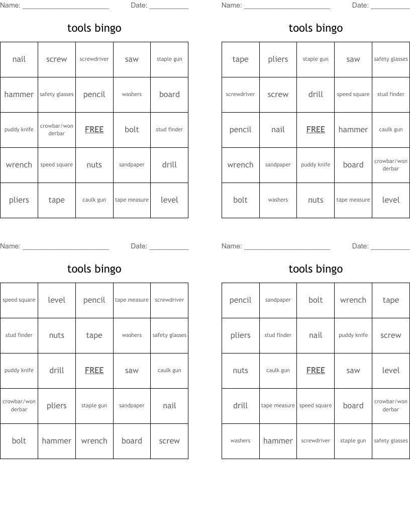 tools bingo