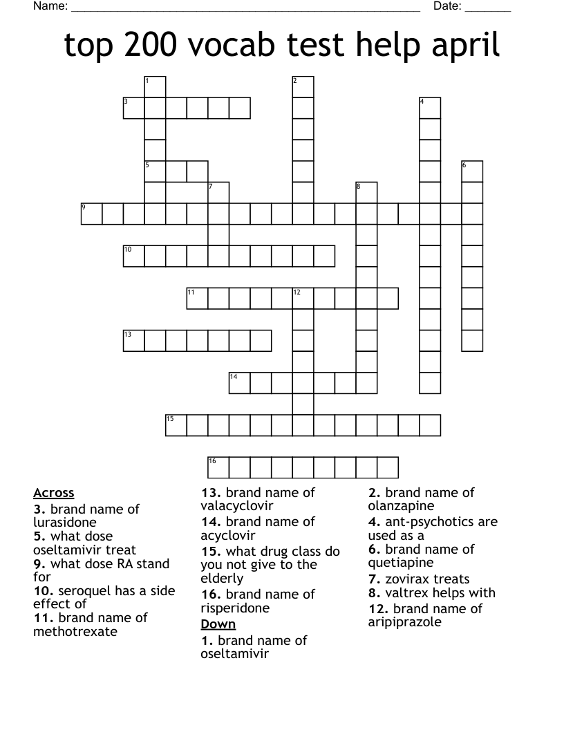 top 200 vocab test help april  Crossword