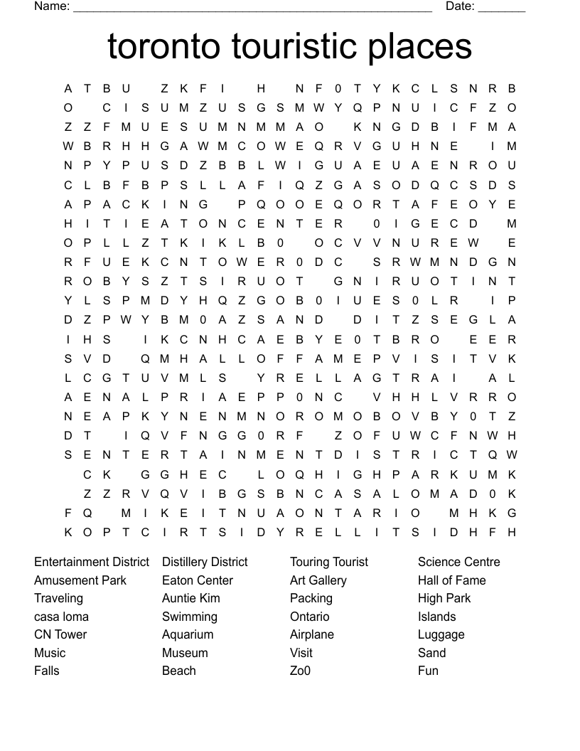 toronto touristic places Word Search