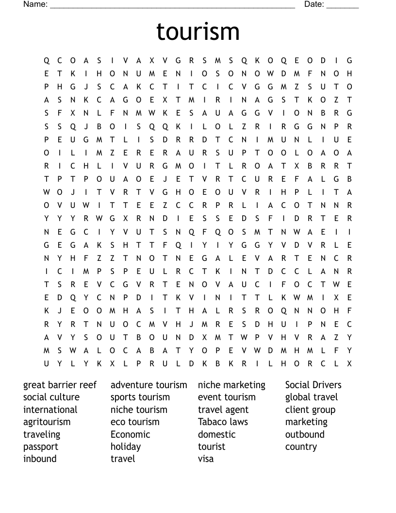 tourism  Word Search