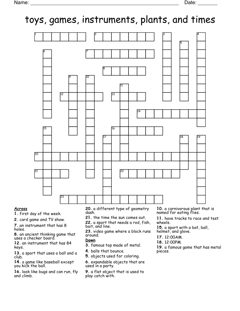 toys, games, instruments, plants, and times Crossword