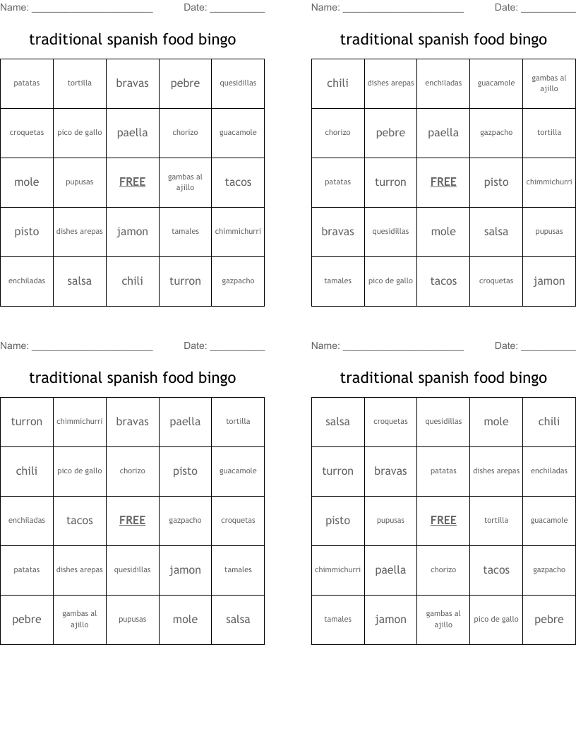 traditional spanish food bingo