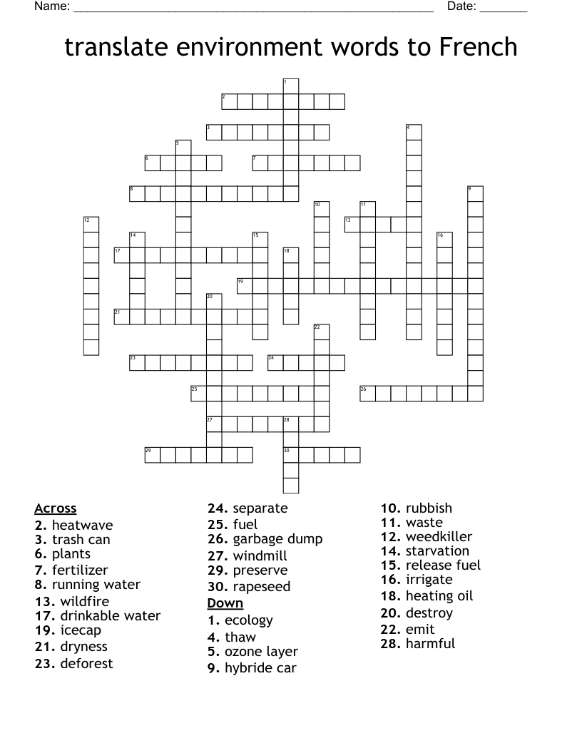 translate environment words to French  Crossword