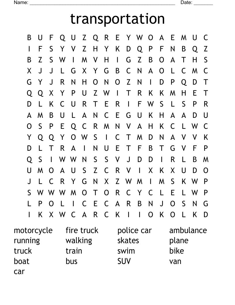 transportation Word Search