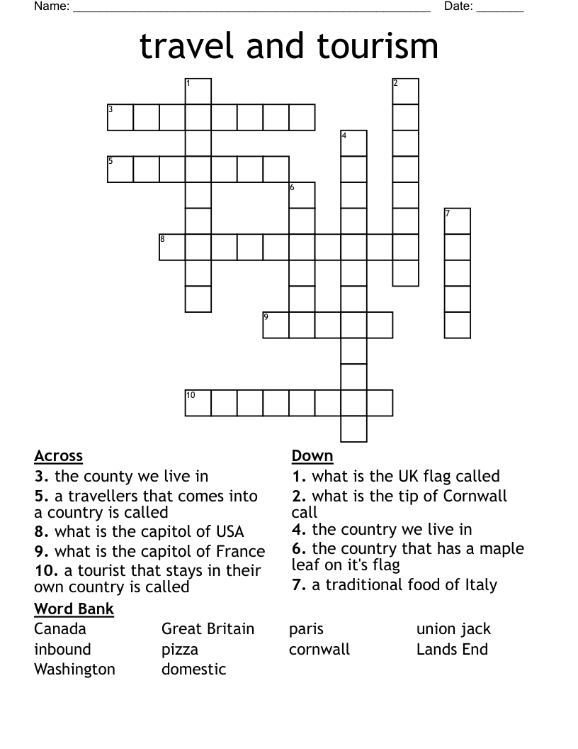 travel and tourism Crossword