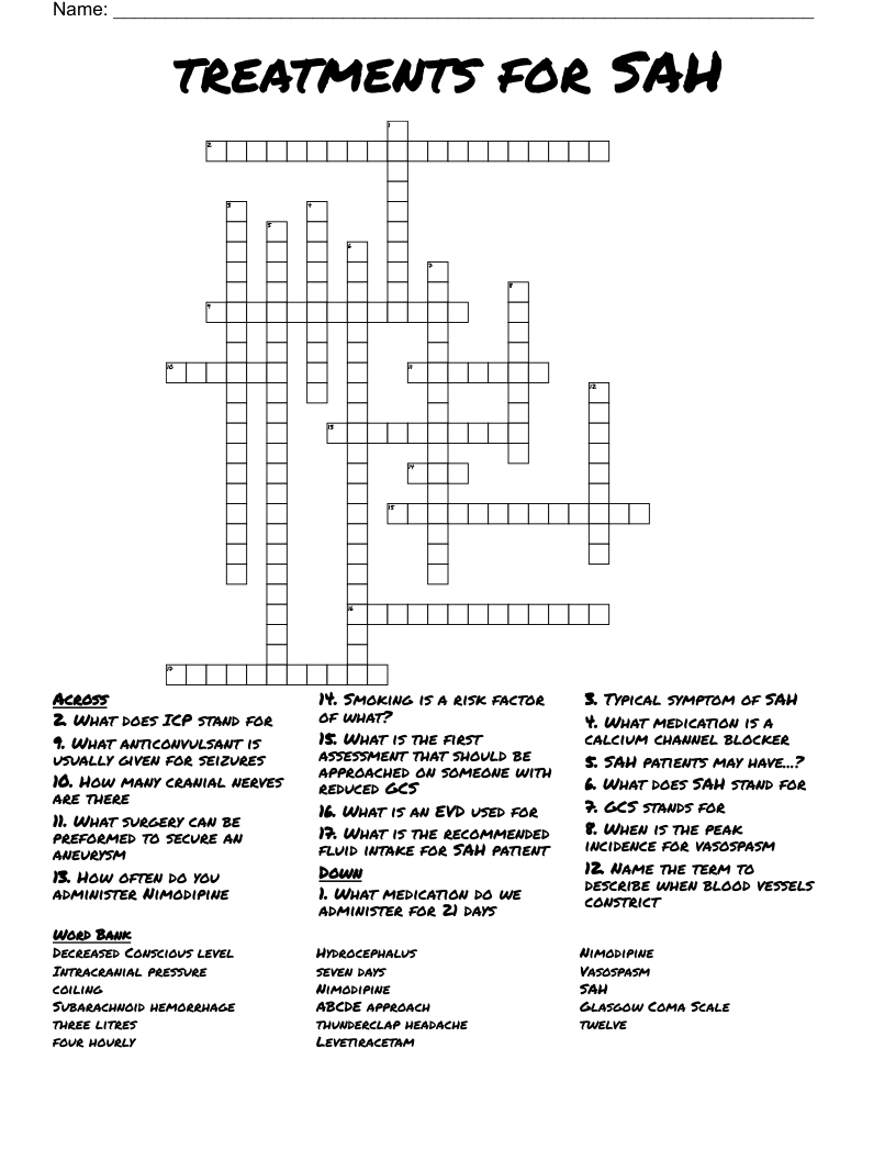 treatments for SAH Crossword