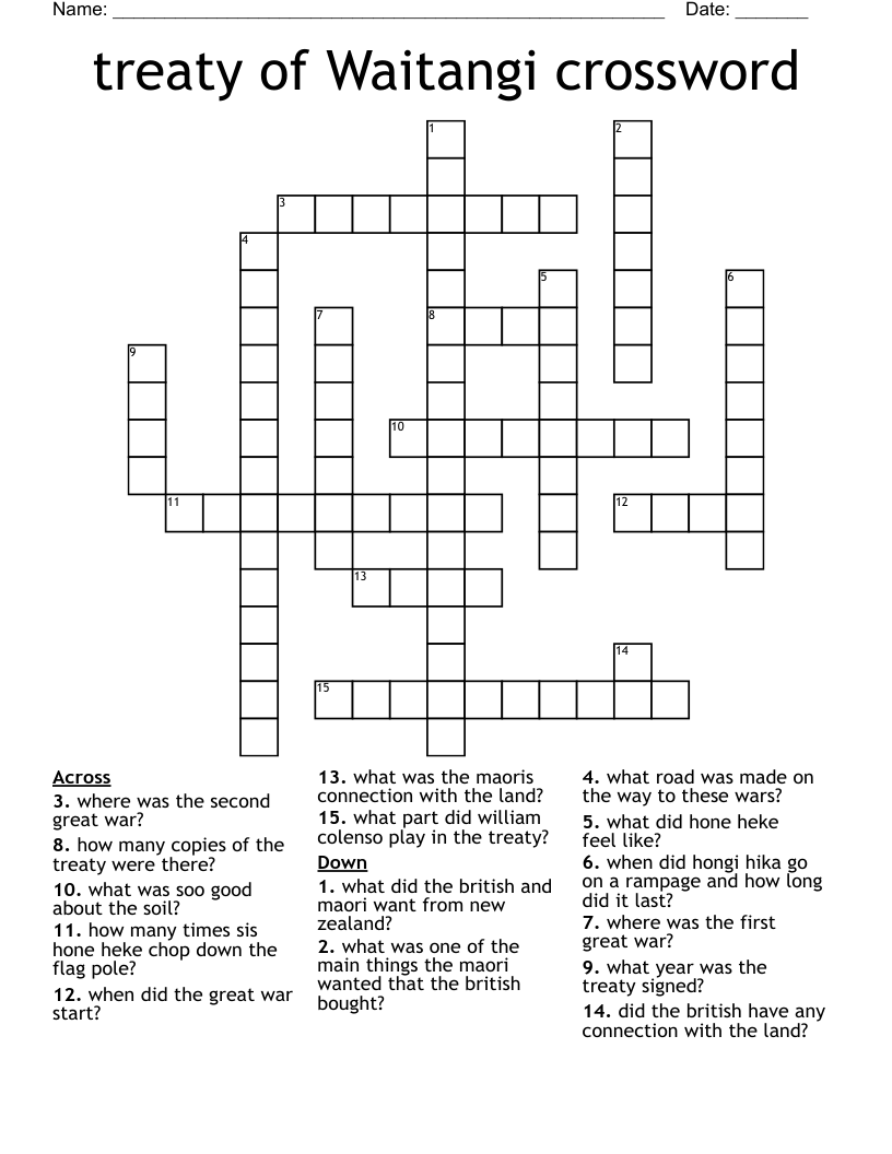 treaty of Waitangi crossword
