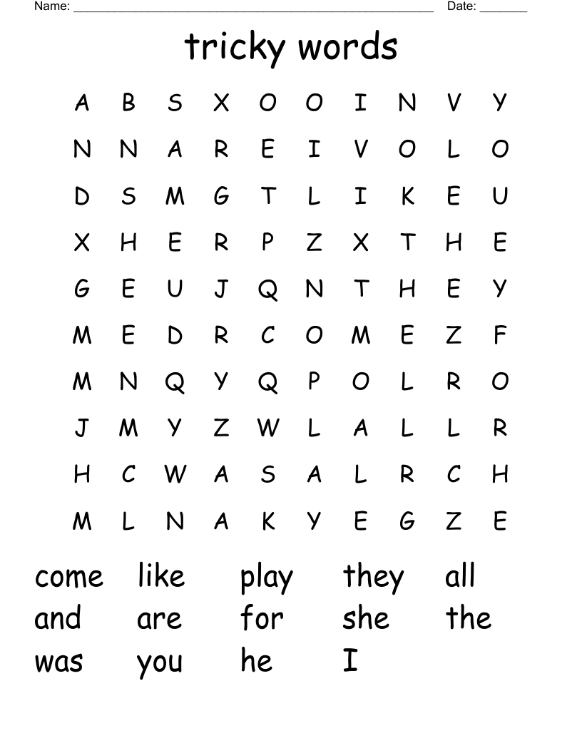 tricky words Word Search