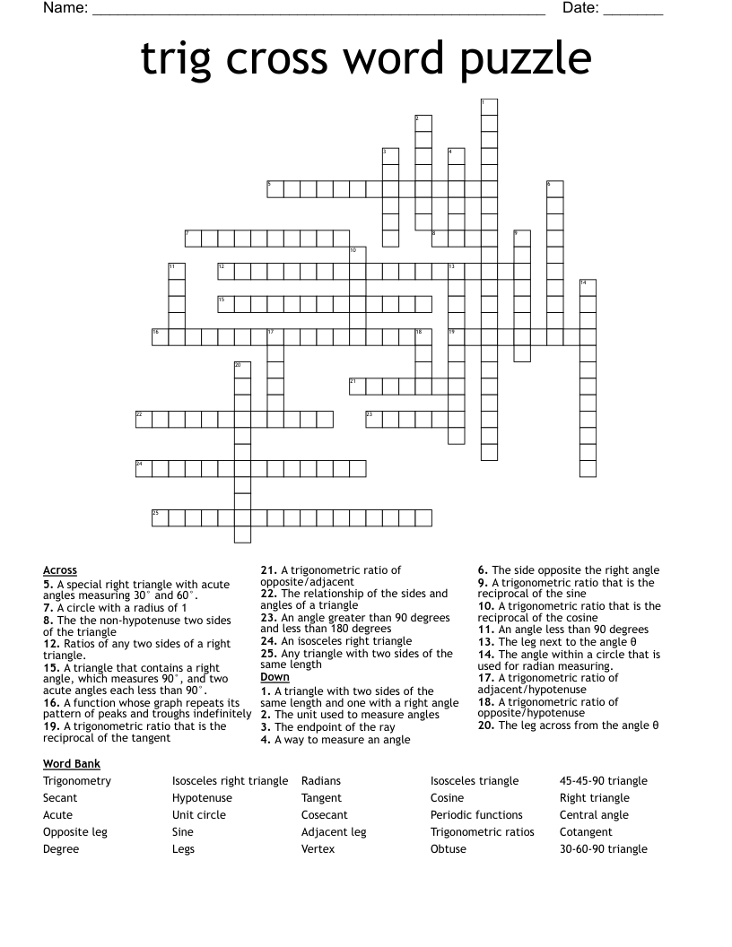 trig cross word puzzle