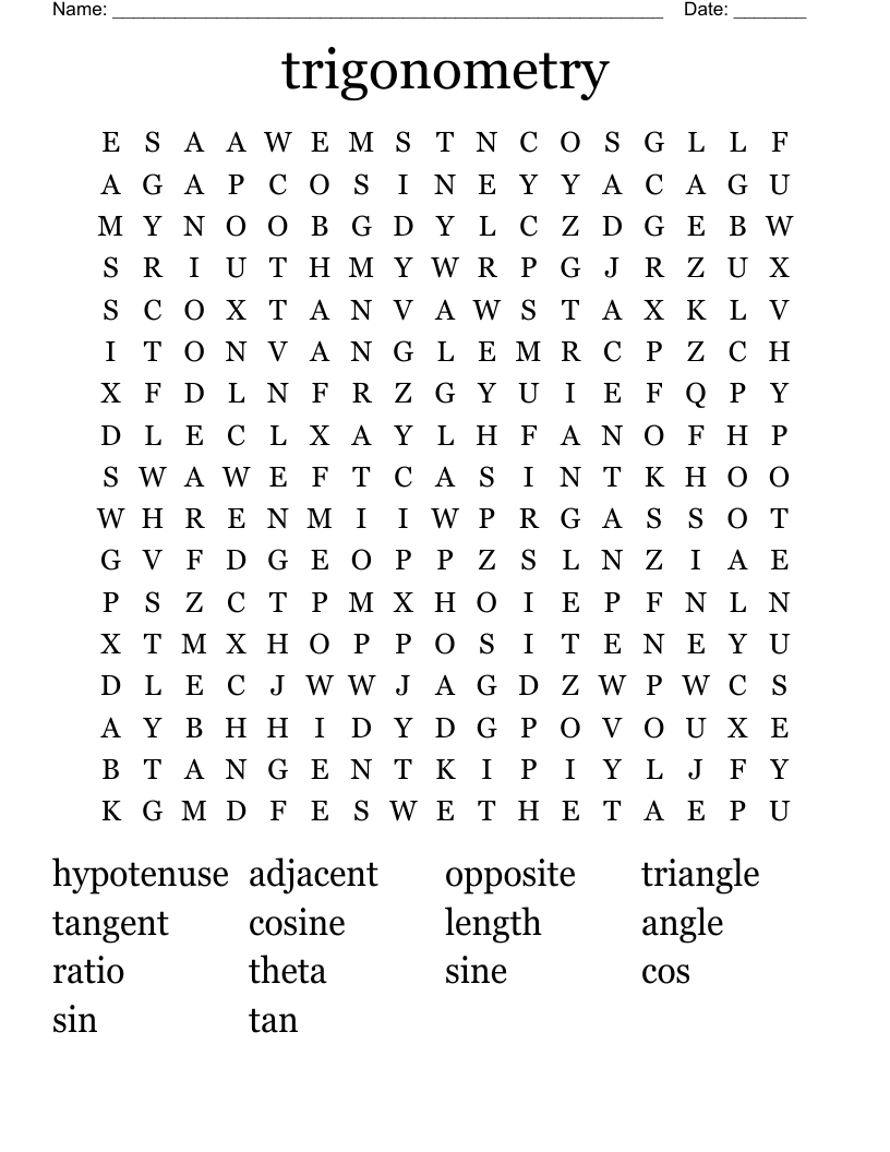 trigonometry Word Search
