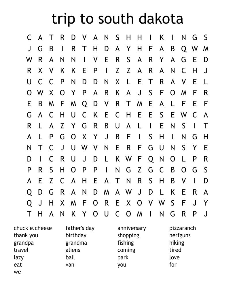 trip to south dakota Word Search