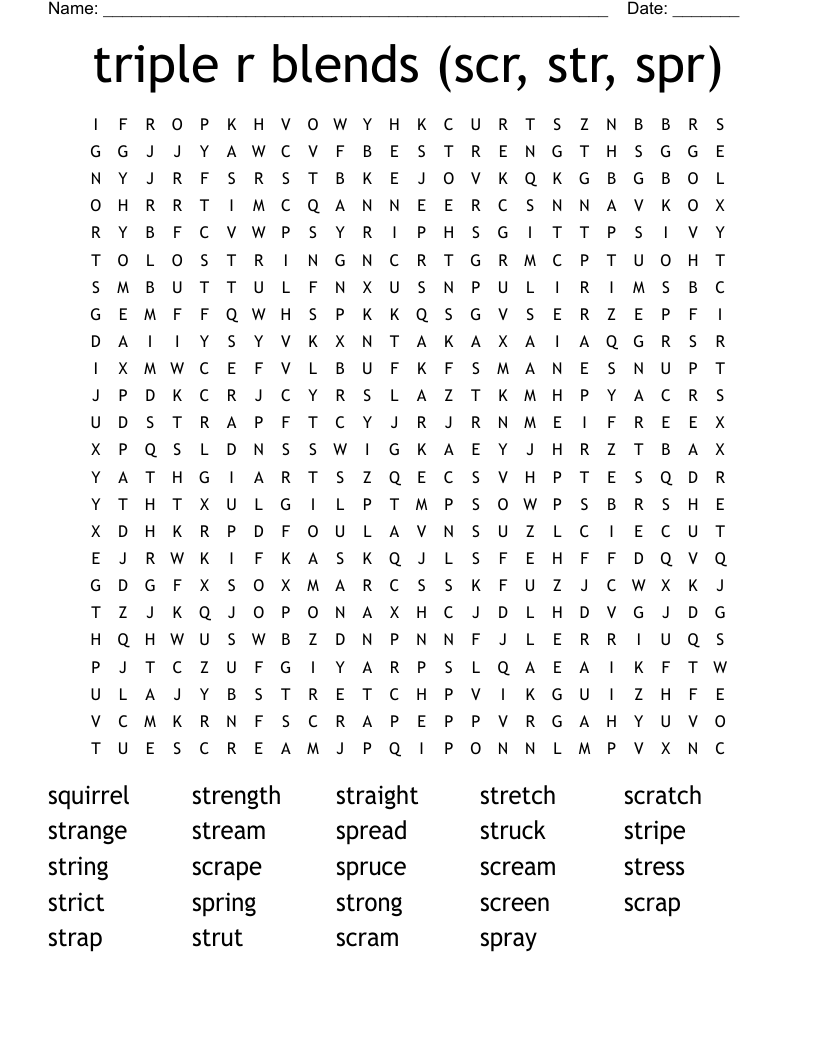 triple r blends (scr, str, spr) Word Search