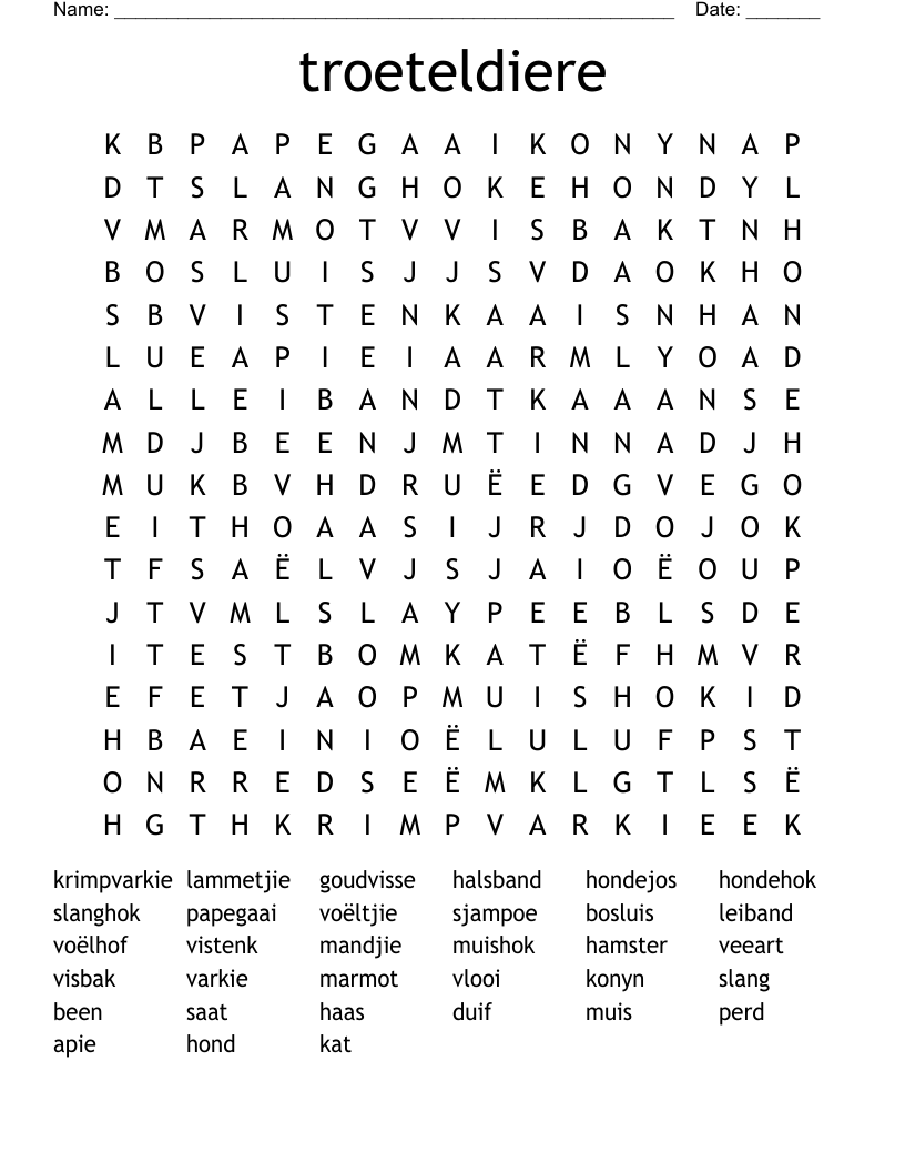 troeteldiere Word Search
