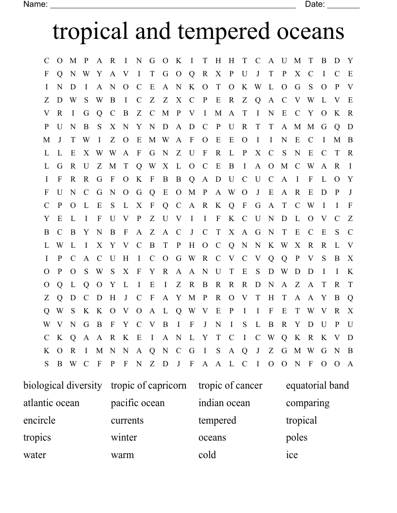 tropical and tempered oceans Word Search