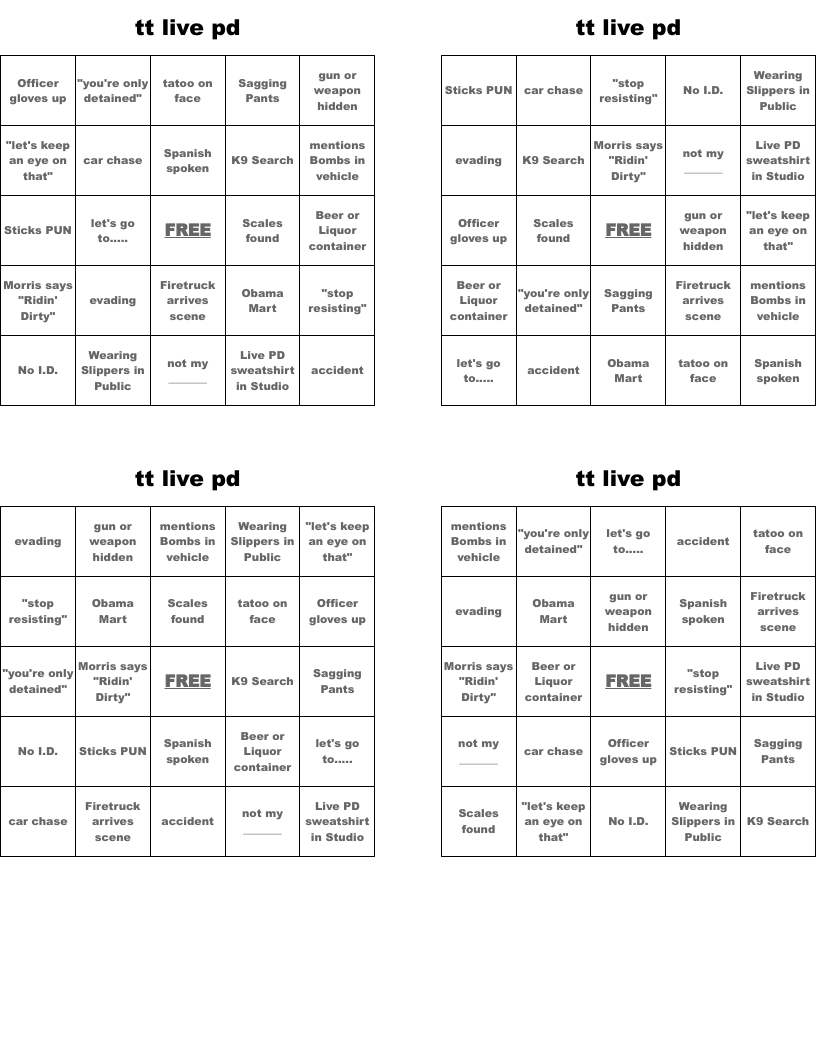 tt live pd Bingo Cards