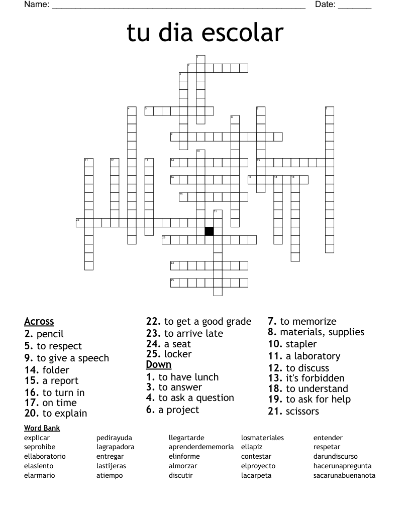 tu dia escolar Crossword